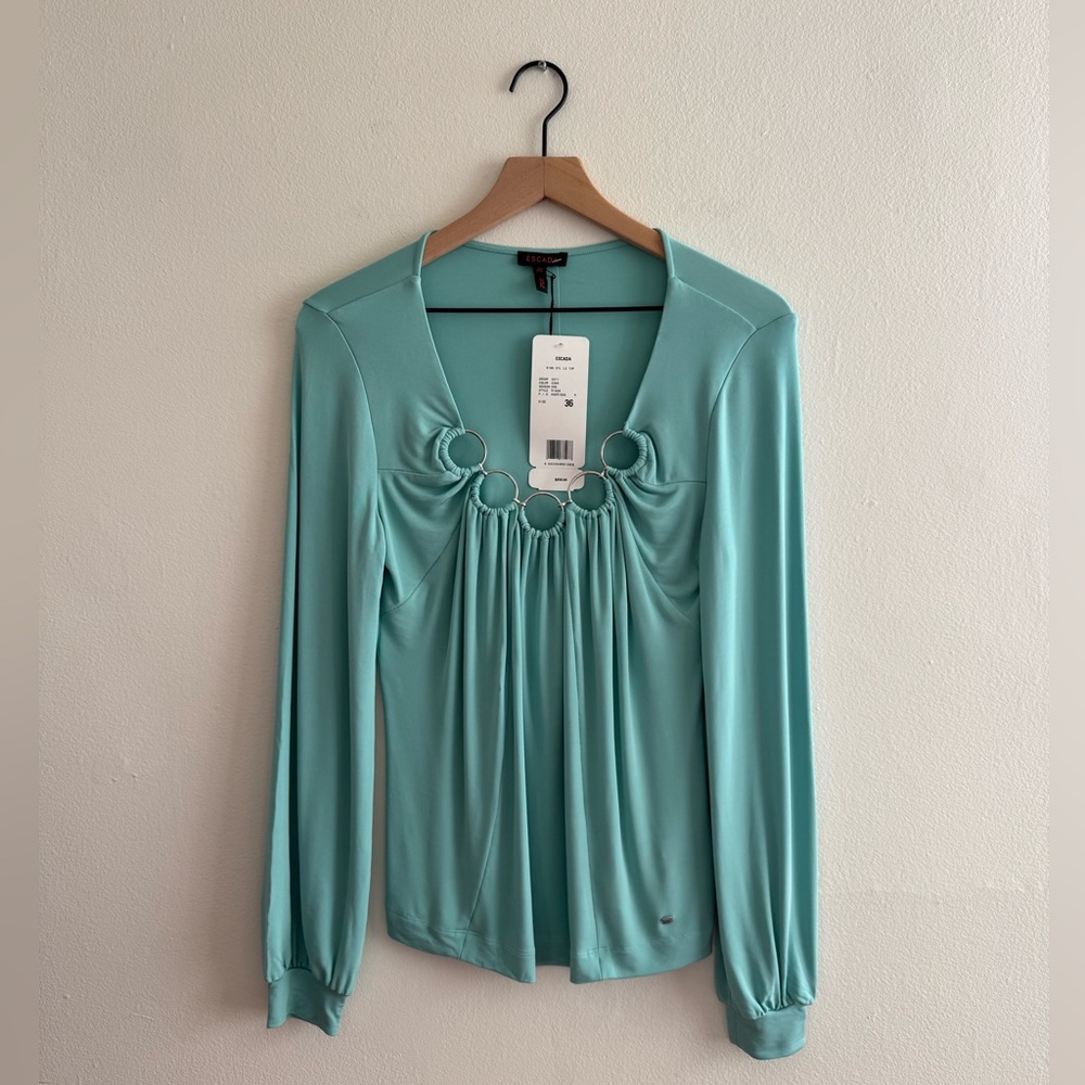 NWT Escada long sleeve top teal silver rings 36